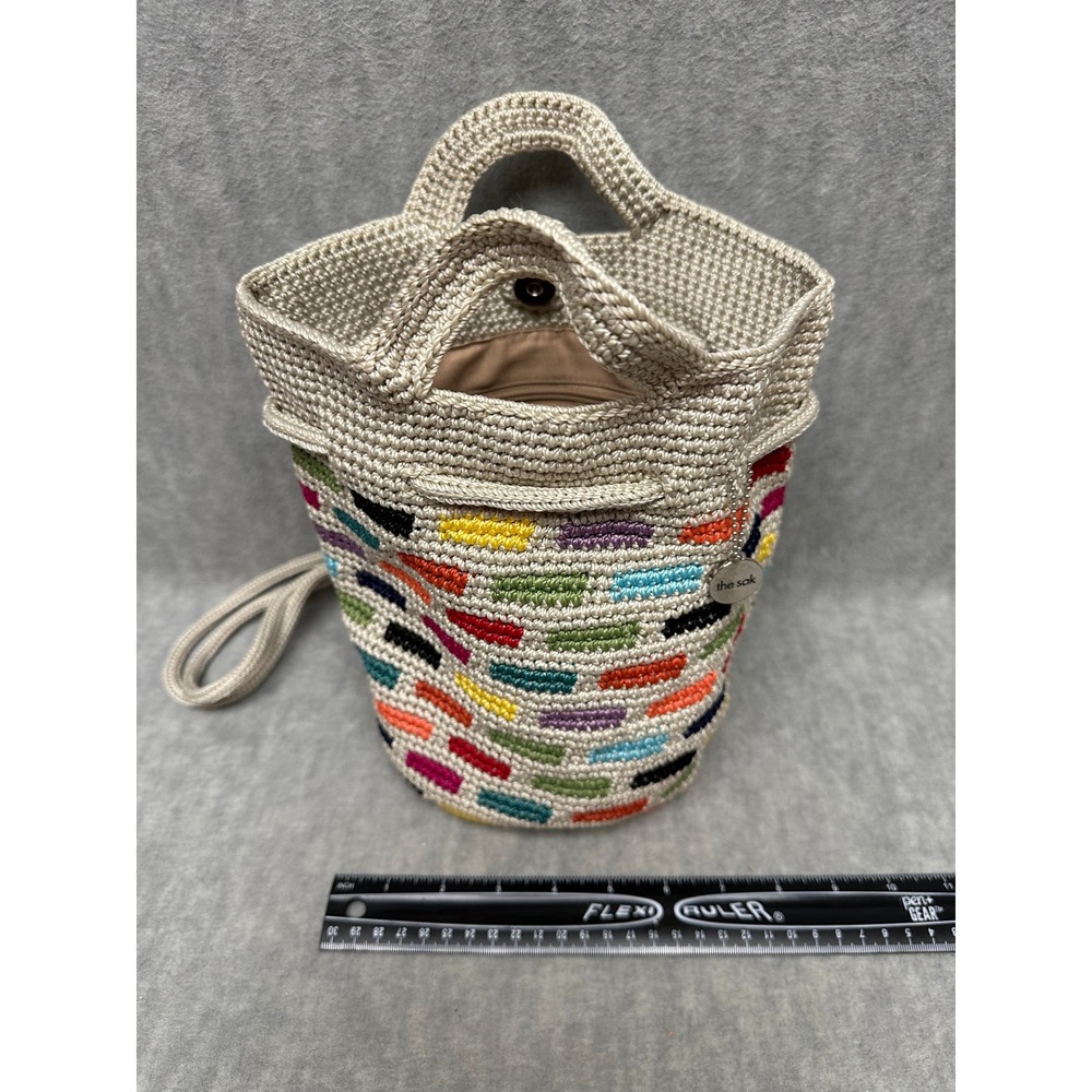 The Sak Dylan Crocheted Backpack Prisma Tile Pattern Multicolor on Beige - Picture 10 of 10